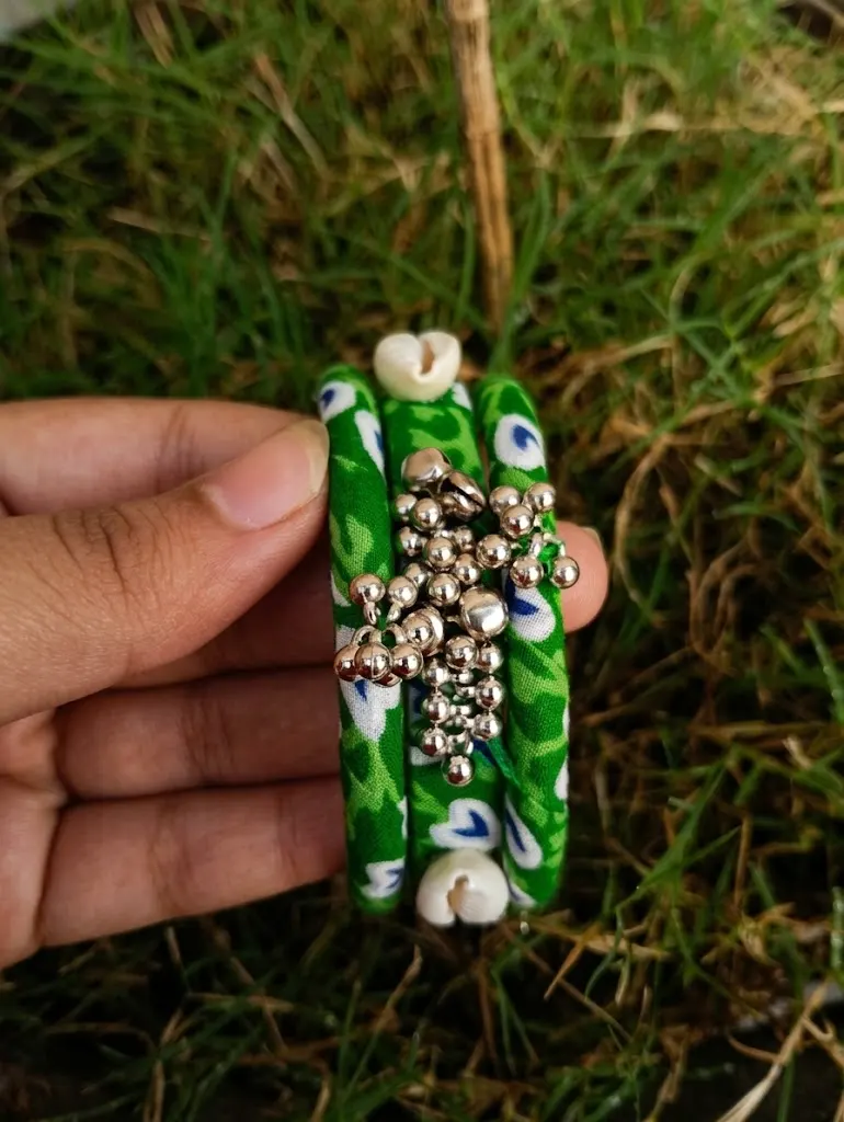 Handcrafted Green Floral Fabric Bangles with Ghungroo & Shells.