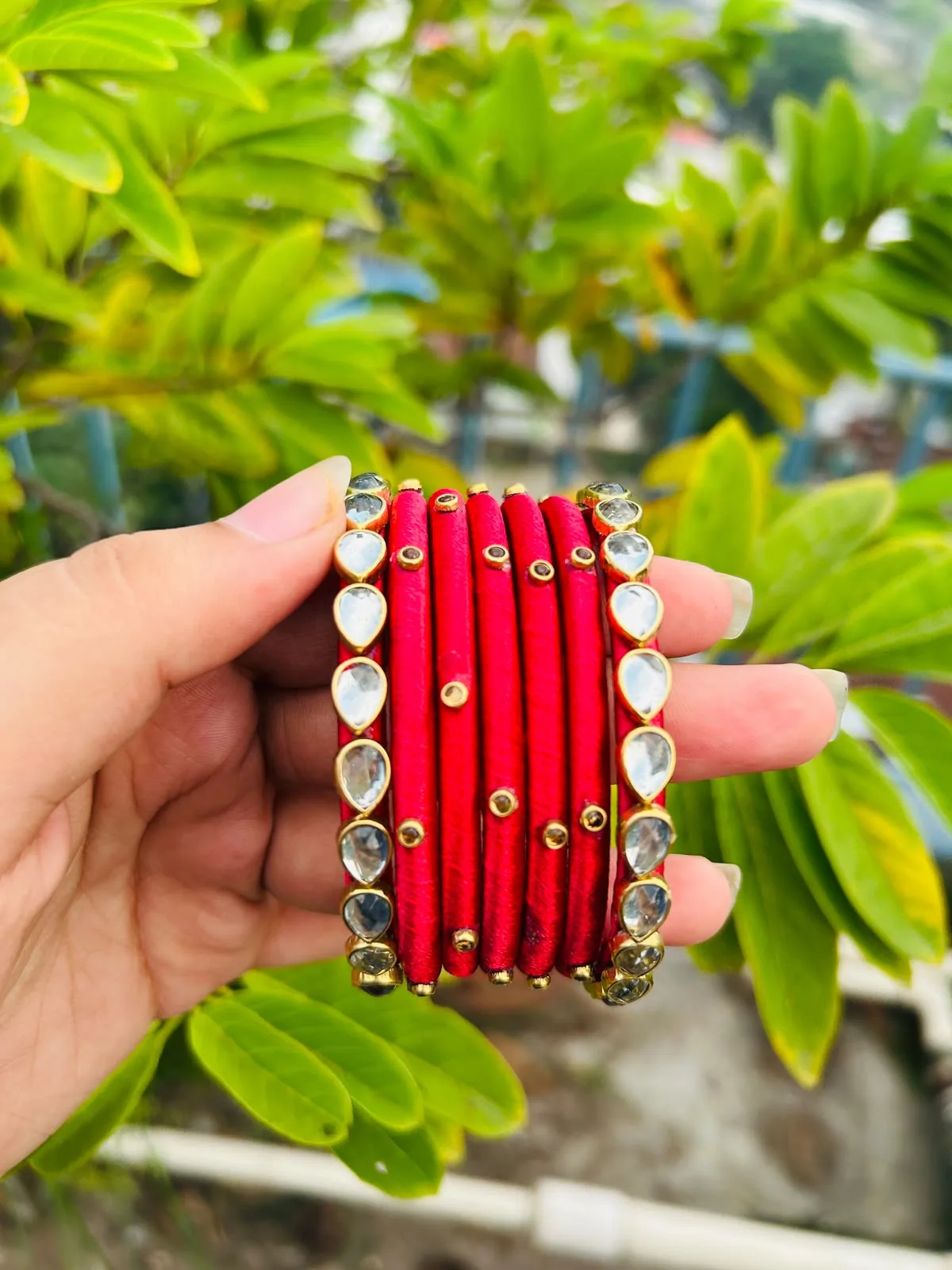 Vibrant Red Silk Thread & Kundan Bangle Set | UR SHOP BD